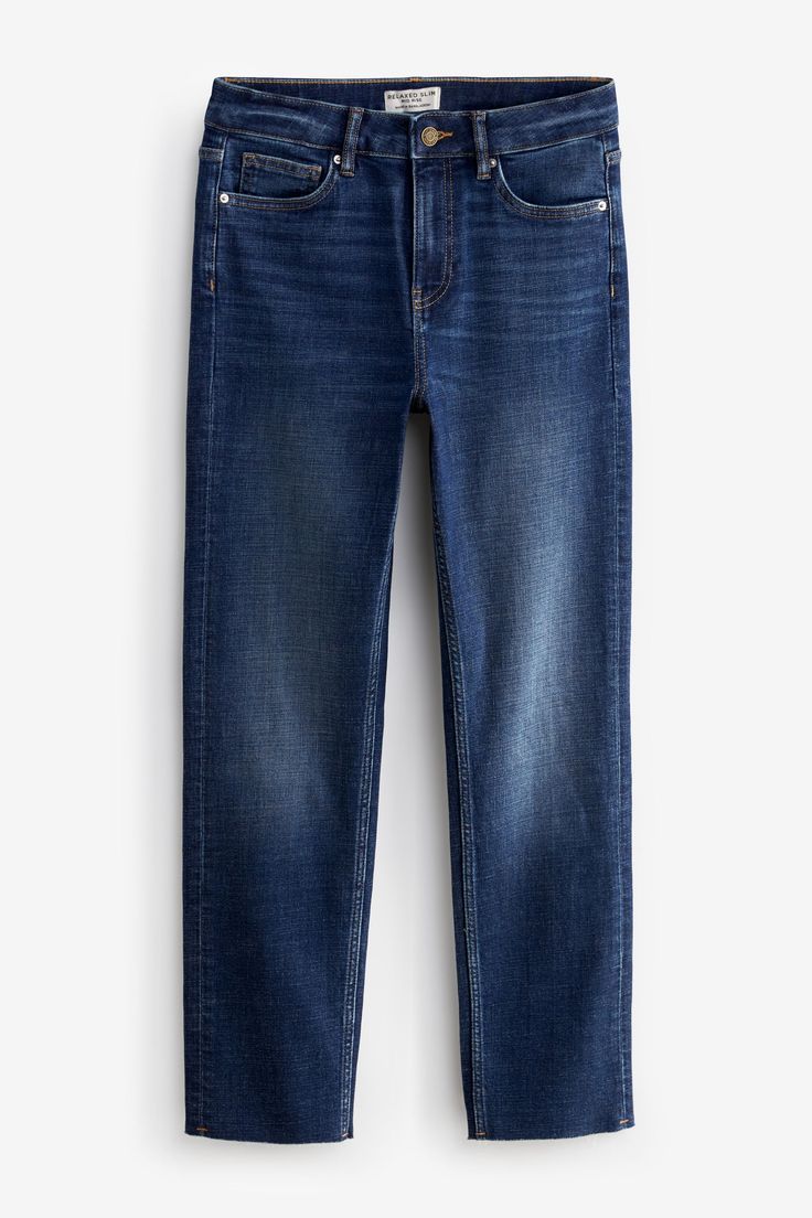 a pair of straight leg, highwaisted, blue denim jeans is centered on a white background.