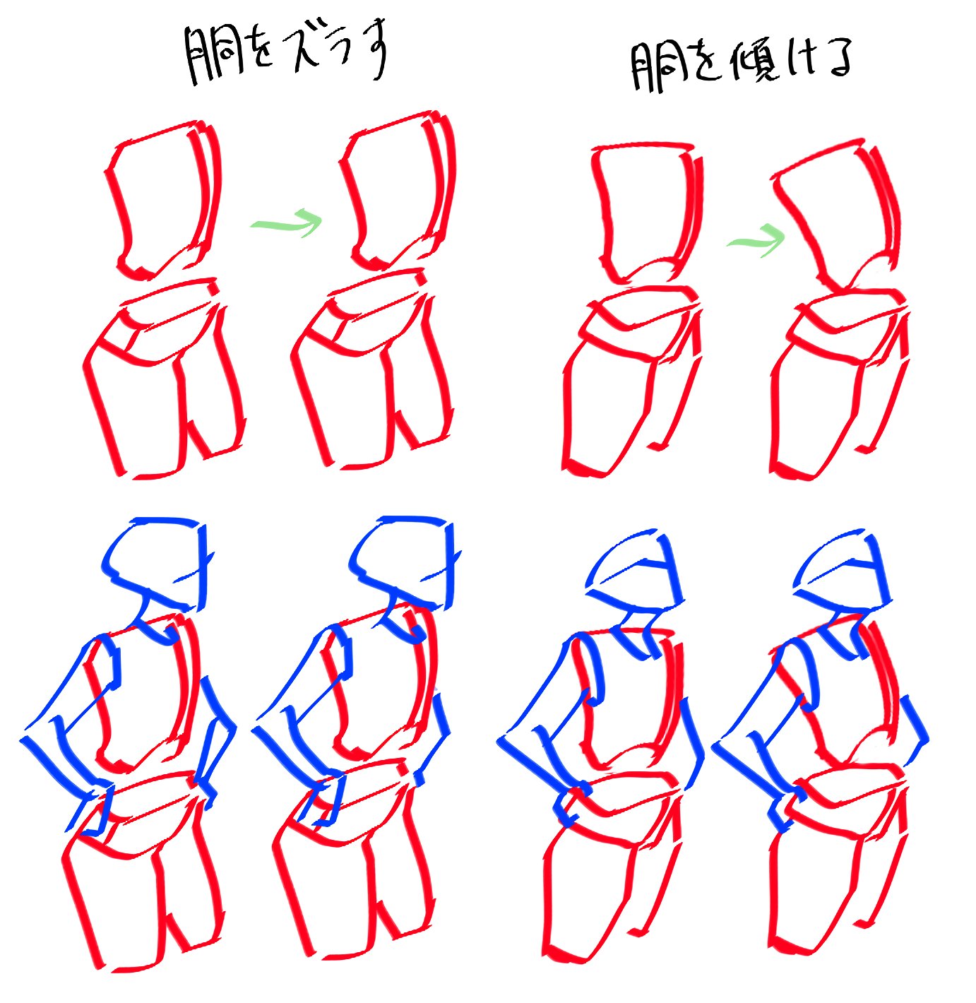 he image shows a series of sketches illustrating how to adjust the width of the torso and hips in a character design.  the top row demonstrates widening the torso by adjusting the shapes of the upper and lower body sections. the bottom row shows how the same adjustment affects the character's overall posture when the character is viewed from the front. japanese text above the top row indicates "widen the torso" and "narrow the torso," providing context to the drawing process.  the sketches are simple line drawings.  the colorcoding (red and blue) enhances the visual understanding of the changes applied to the character's form.