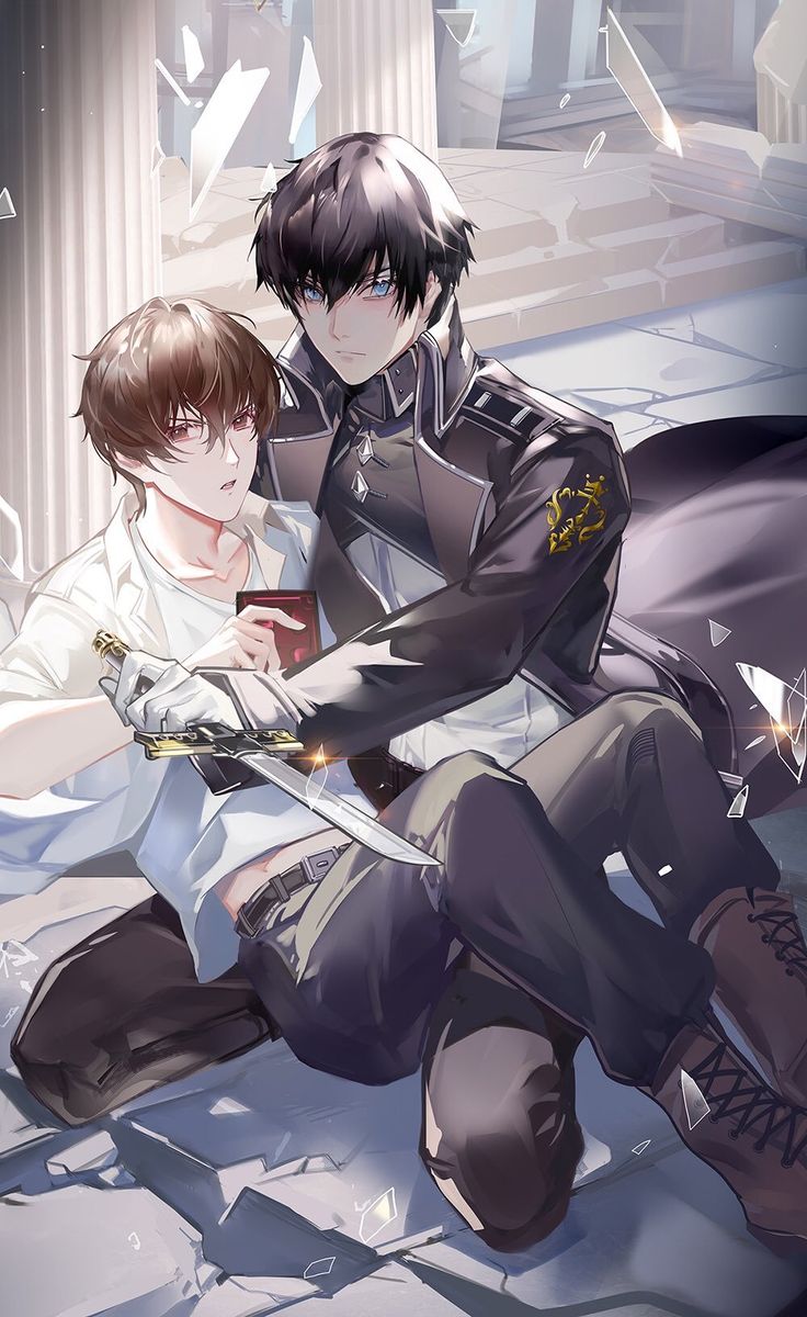 the image depicts a dramatic scene of two animestyle boys in a close, possibly intimate, embrace.  one boy, in dark clothing with a militaryesque jacket, is holding a sword and appears to be supporting or restraining the other boy, who is wearing lighter clothing.  the scene is set amidst rubble and broken glass in what appears to be a ruined or destroyed building, enhancing a sense of action and conflict. their expressions are serious, and the overall mood is intense and emotional. the artwork is highly detailed and professionally rendered. the style strongly suggests fanart from a boys' love (bl) or yaoithemed work.