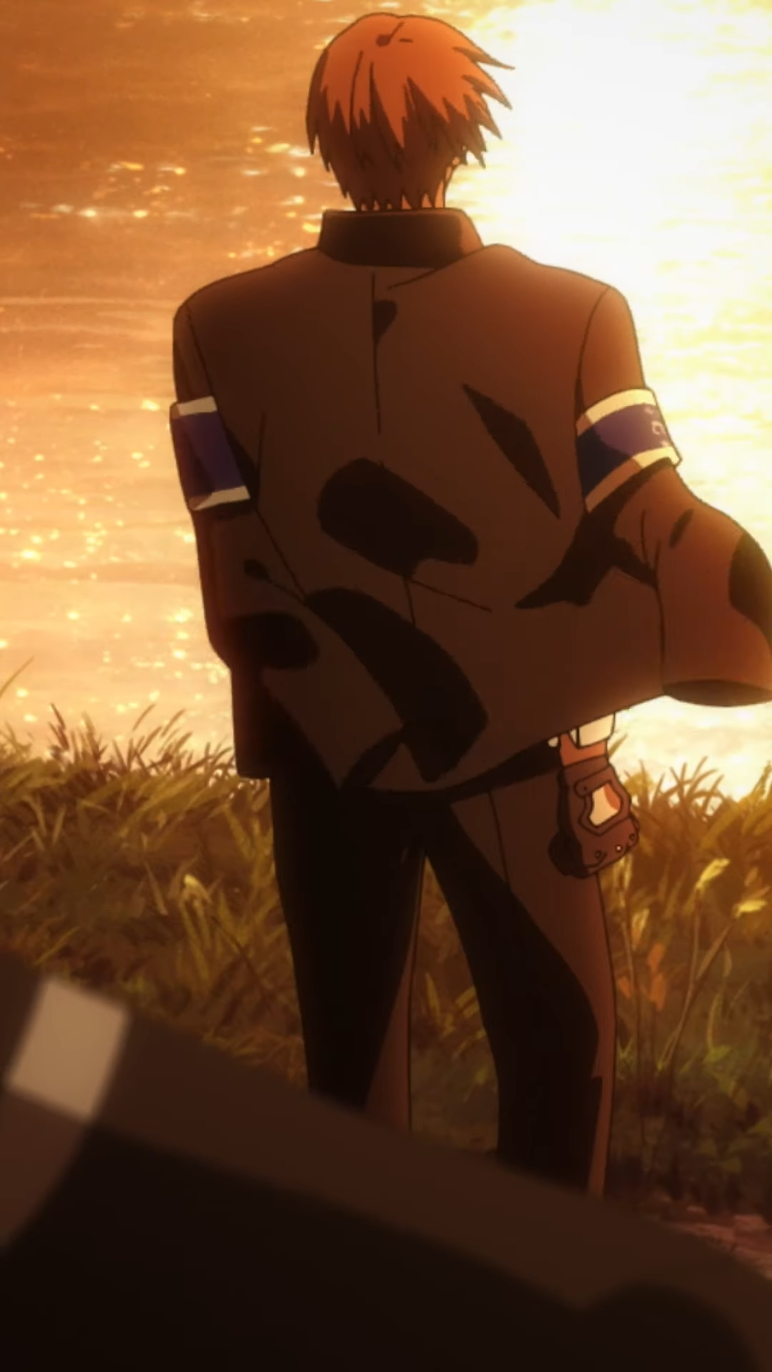 this is an anime screenshot of a man with short red hair standing in a grassy field at sunset. the man is wearing a dark suit jacket and pants with a white shirt. his back is to the camera. the setting sun casts a warm orange glow over the scene and silhouettes the man's figure. the image evokes a sense of contemplation and solitude.