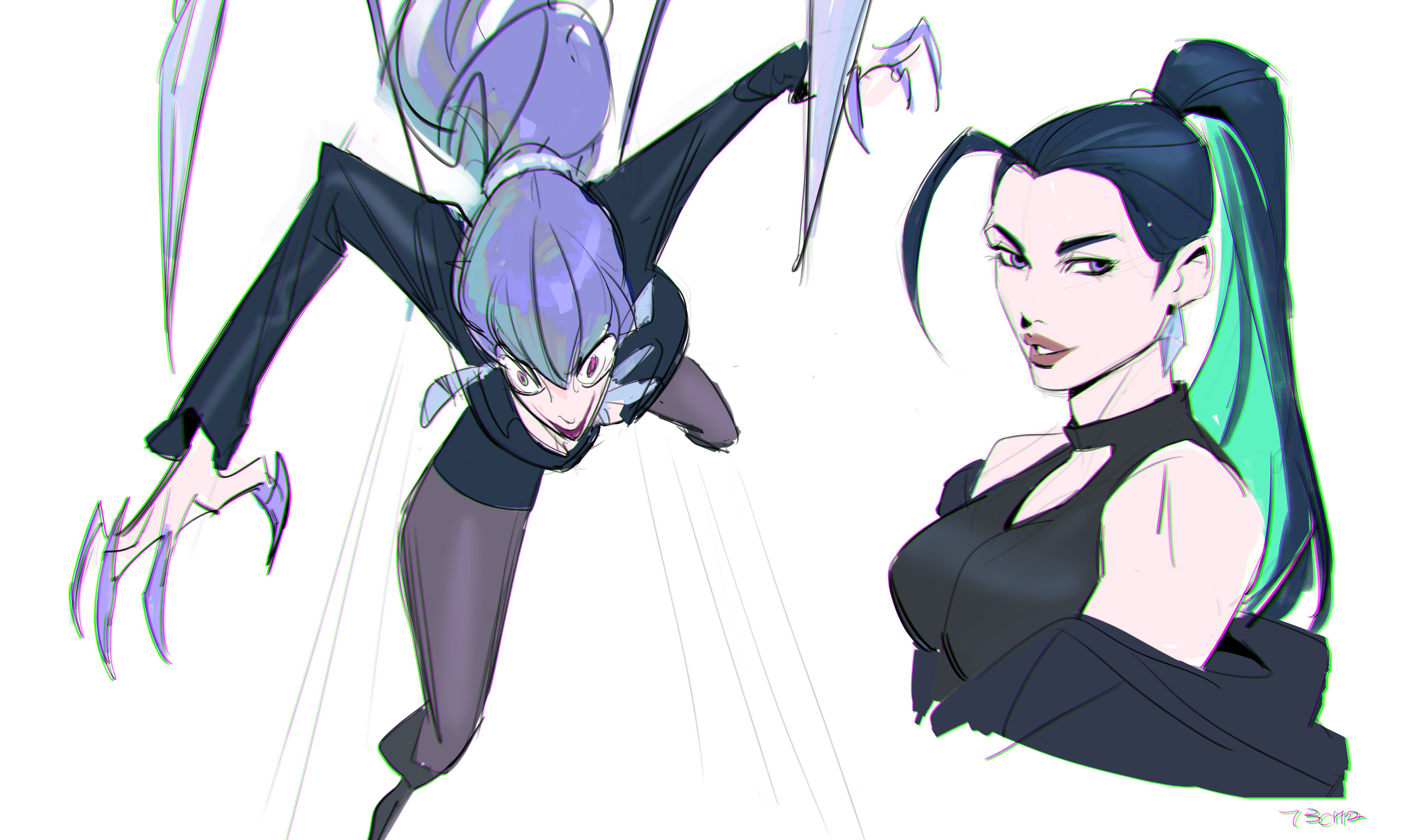 he image showcases two distinct character designs, seemingly variations or alternative looks of the same character.  the top half features a dynamic sketch of a woman with purple hair, sharp claws, and a black outfit, in a midair pose, giving a sense of movement and action.  this character is drawn with a more exaggerated, cartoonish style. the bottom right features a more realisticstyled portrait of a woman with dark hair styled in a high ponytail with a teal accent. she's wearing a stylish black top and appears calm and confident. both characters have a similar facial structure and possess a cool and powerful aesthetic. the overall style is a blend of anime and manga influence with a modern twist. the sketchlike quality of the art suggests it's a workinprogress or preliminary design exploration.