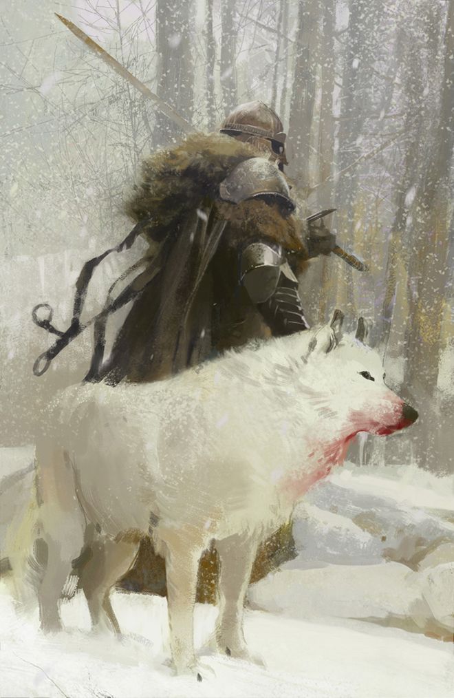 a knight in armor and fur cape walks through a snowy forest accompanied by a white wolf with blood on its face and neck. the knight carries a sword on his back and a dagger on his hip.