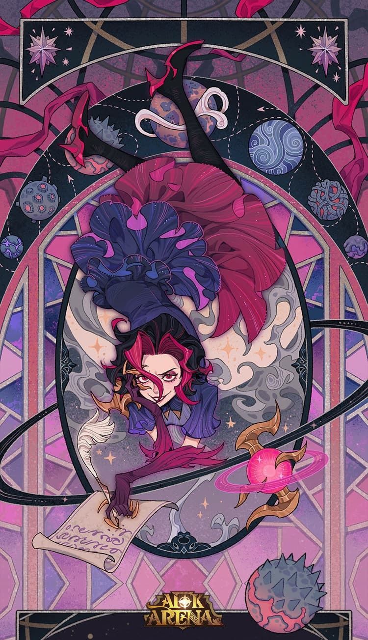the image is a stylized illustration of a female character in a dynamic pose, likely card art for a game. she has dark hair and red eyes, and wears a dramatic purple and red outfit that suggests a powerful sorceress.  she floats within an ornate, stainedglasslike frame adorned with stars, planets, and swirling cosmic energy. the overall palette is rich in purples and pinks, contributing to the magical, dark fantasy atmosphere. the lighting is dramatic, spotlighting the character against the darker background and accentuating her confident expression.  she holds a quill in one hand, seemingly writing on a scroll, while her other hand manipulates a miniature planet, reinforcing the magical theme.