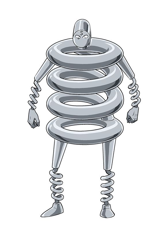 a cartoon robot standing on a white background. it has a humanoid shape with a large head and body made entirely of springs. it is colored silver and has a black mouth. its arms are long and thin with hands that end in three fingers. its legs are also thin with feet that are circular. it is standing in a relaxed pose with its arms at its side and its legs slightly bent. the background is white.