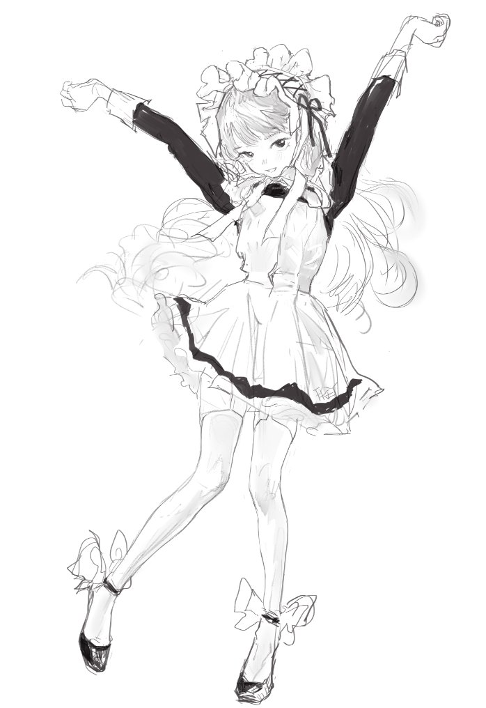 a black and white sketch of an anime girl wearing a maid outfit with her arms raised. the maid outfit includes a frilly dress, stockings, and shoes with bows. she is also wearing a headdress with ribbons and ruffles.
