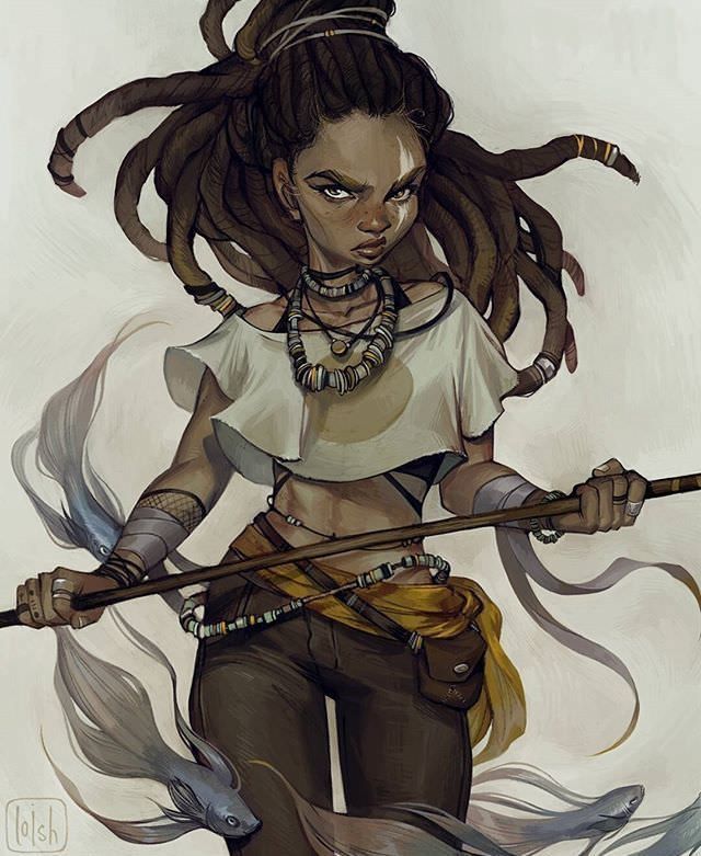 the image is a digital painting of a fantasy warrior woman. she has dark skin and long dreadlocks adorned with beads and wraps.  she's wearing tribalstyle clothing: a loosefitting top and pants, along with numerous beaded necklaces and bracelets.  she holds a long staff, and ethereal, flowing fish surround her, suggesting a connection to water or aquatic magic. the style is stylized, with exaggerated features and a painterly quality. the overall mood is serious and powerful.