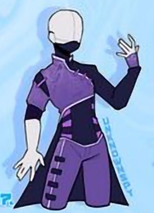 the image showcases a digital drawing of a stylized character outfit. rendered in a predominantly purple palette, the attire features a short, sleeveless jacket with a high collar, reminiscent of a modernized mandarin collar. black accents adorn the jacket, including stripes along the sleeves and detailing on the collar.  the character also sports matching purple pants with black accents and a flowing black cape. the pose is dynamic, suggesting movement and confidence. the art style is characteristic of online character design communities, prioritizing a clear silhouette and distinct clothing elements.