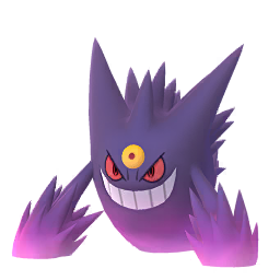 a 3d render of gengar, a ghosttype pokémon, is presented.  the pokémon is depicted from a slightly low angle, showcasing its signature purple hue, sharp teeth, and spiky appendages. its glowing yellow third eye is prominently visible, adding to its eerie and menacing appearance. the background is entirely black, isolating the pokémon and drawing focus to its details. the overall style is consistent with video game renderings of pokémon.