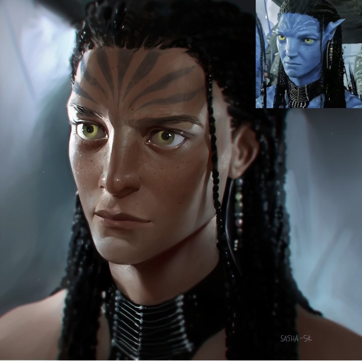 this is a digital illustration of a female na'vi character, inspired by the movie avatar. she is depicted with dark skin, bright yellow eyes, and elaborate braids adorned with beads. the character wears a tribalinspired necklace and has the distinctive blue stripes of the na'vi. the lighting is soft, creating a gentle and realistic portrayal. a smaller image in the top right corner shows the original blueskinned na'vi for comparison.