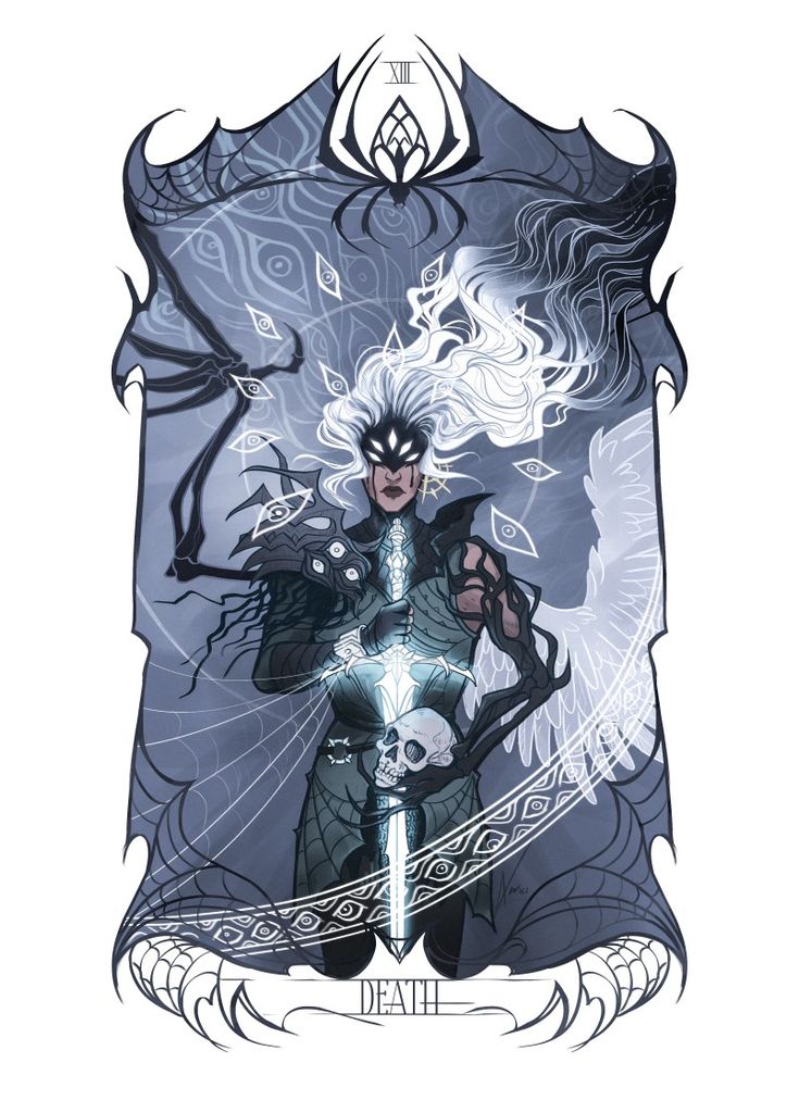 the image depicts a stylized interpretation of the death tarot card. a paleskinned woman with flowing white hair and a blindfold stands centrally within an ornate, webadorned frame. she wears armor and holds a doubleedged sword pointing downwards, its tip resting upon a skull. an ethereal white wing extends from her back on one side, while the other side features a shadowy arm resembling that of a spider. multiple eyes adorn the background, some within the web and others seemingly floating.  the overall palette is muted bluegray, creating a somber and mystical atmosphere.