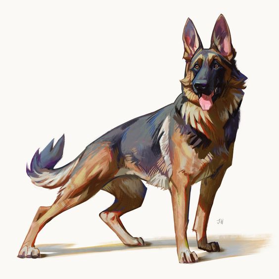 the image shows a digital illustration of a german shepherd dog standing in a confident pose against a white background.