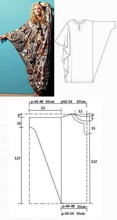 the image shows a woman wearing a patterned caftanstyle dress, a schematic design of the dress, and a detailed sewing pattern with measurements. the measurements in the pattern are in centimeters.
