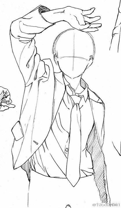 a sketch of a man in a suit with one hand raised above his head. the sketch is done in black and white and is very simple.  the man has a blank face, suggesting a thoughtful expression.  the image feels mysterious and somewhat enigmatic.