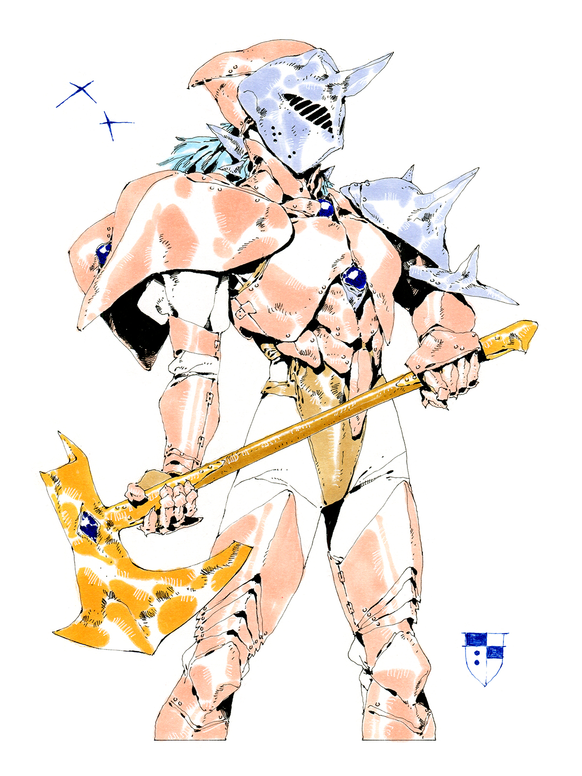 a fullbody illustration of a fantasy warrior clad in ornate, plated armor with a large battleaxe. the warrior is positioned slightly in profile, facing the viewer's left, with their right leg slightly forward in a stance suggesting readiness for combat. their armor is predominantly white and pale peach, accented with gold trim and large blue gemstones on the pauldrons, breastplate, and axe. the warrior’s helmet is fully enclosed, obscuring their face and featuring a pointed crest and cheek guards. they grip the axe handle with both hands, the weapon itself boasting a gleaming gold blade with a blue gemstone inset. the background is entirely white, with two small crosses in the upper left corner and a small, indistinct crest in the lower right corner.