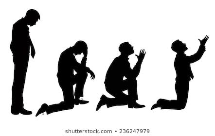 the image contains four silhouettes of men in various poses. on the left, a man is standing with his head bowed, looking down. to his right, a man is kneeling with his head resting on his hand. the next man is kneeling with his head tilted up and his hands raised in prayer. the last man is kneeling with his arms raised above his head, looking up as if in supplication. all four men appear to be in a state of distress, possibly reflecting feelings of sorrow, grief, or despair. the image could be interpreted as symbolizing different stages of emotional processing or spiritual seeking.