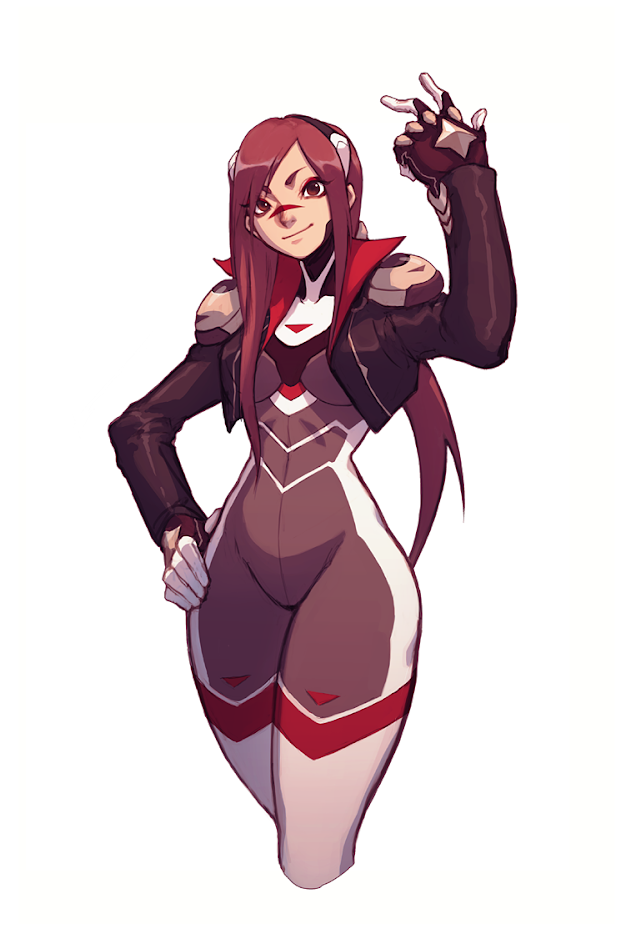 an anime styled illustration of a woman wearing a red and white suit, black jacket, and gloves.  she has red hair and is looking at the camera with a  confident expression. she is standing with her left arm up and right arm bent at her side. the background is white.