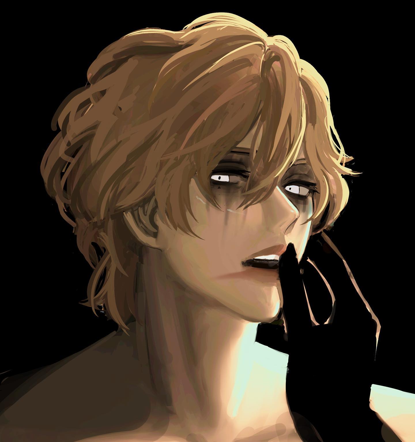 this is a digital illustration of a handsome anime man with blonde hair and black eyes, wearing a black glove and posing with a mysterious expression. he is in a dark setting with shadows that add to the mystery and intrigue of the image. the detail in his hair and eyes are very wellexecuted, making the image even more captivating.