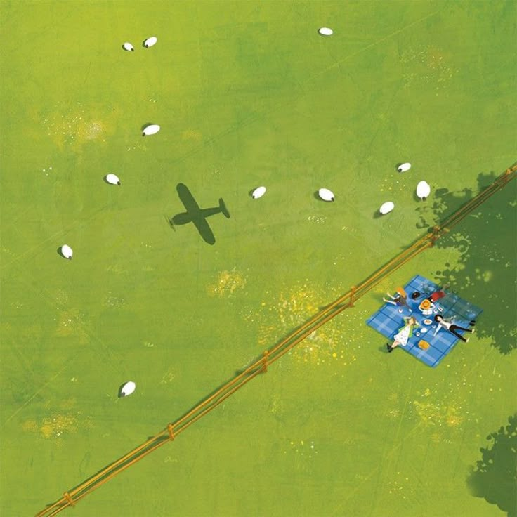 a highangle view of a green pasture with scattered white sheep. a shadow of a plane passes over them. in the lower right, a group of people are having a picnic on a blue blanket near a wooden fence and the edge of a tree. food items are visible on the blanket.