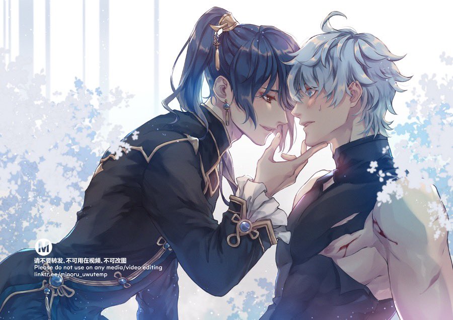the image is a digital illustration of two anime boys in a romantic pose. the boy on the left has long, dark blue hair, and is wearing a blue and black outfit with ornate details. he has a gentle expression, with a hand touching the chin of the boy on the right, who has short, silver hair and a black sleeveless outfit.  both boys are close to each other, almost touching lips. there are white flowers in the background, adding a soft touch to the image.