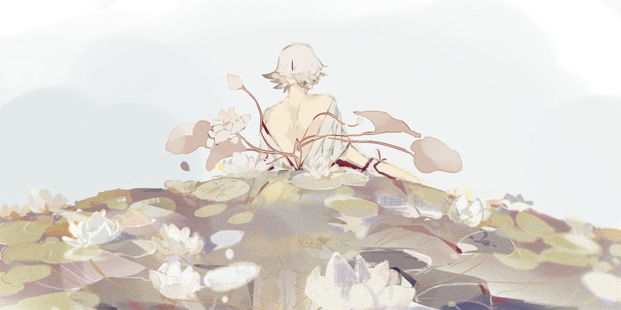 the image is a digital painting of an anime girl with short white hair, sitting in a pond with white lilies. she is looking at the water in the distance, and her back is facing the viewer. the background is a soft light blue with a few clouds. the image is very soft and delicate, and it conveys a sense of peace and tranquility.