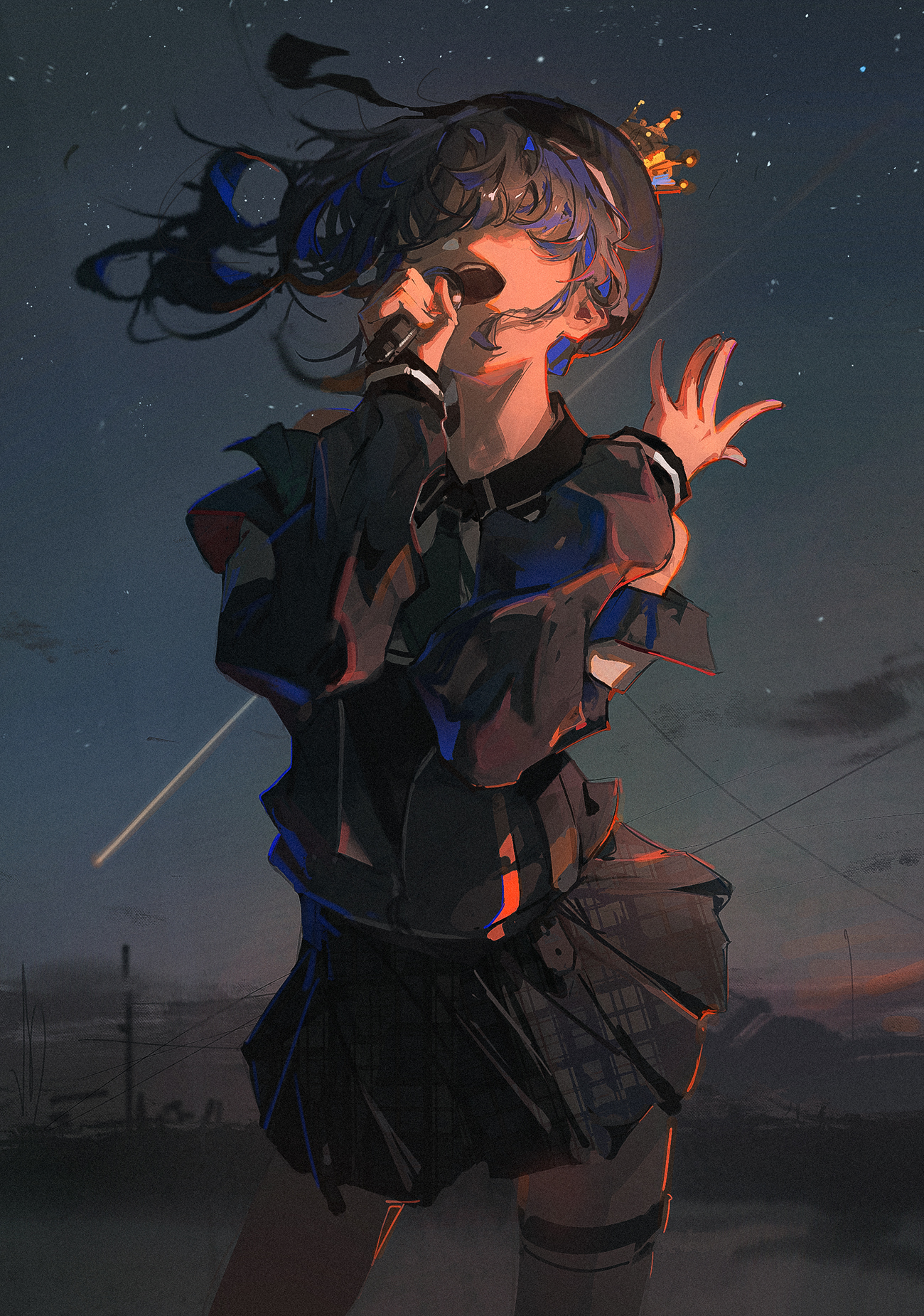 the image is a digital painting or illustration depicting an animestyle girl with long, windblown dark hair singing into a microphone. she wears a dark jacket, a pleated skirt, and what appears to be a small crown.  the background is a moody nightscape with stars and a distant cityscape. the overall style is dramatic and stylized with strong use of light and shadow to create an emotional atmosphere.  the girl’s expression and pose are dynamic and convey a sense of passion or intensity.  a shooting star is visible in the night sky adding to the fantasy elements.
