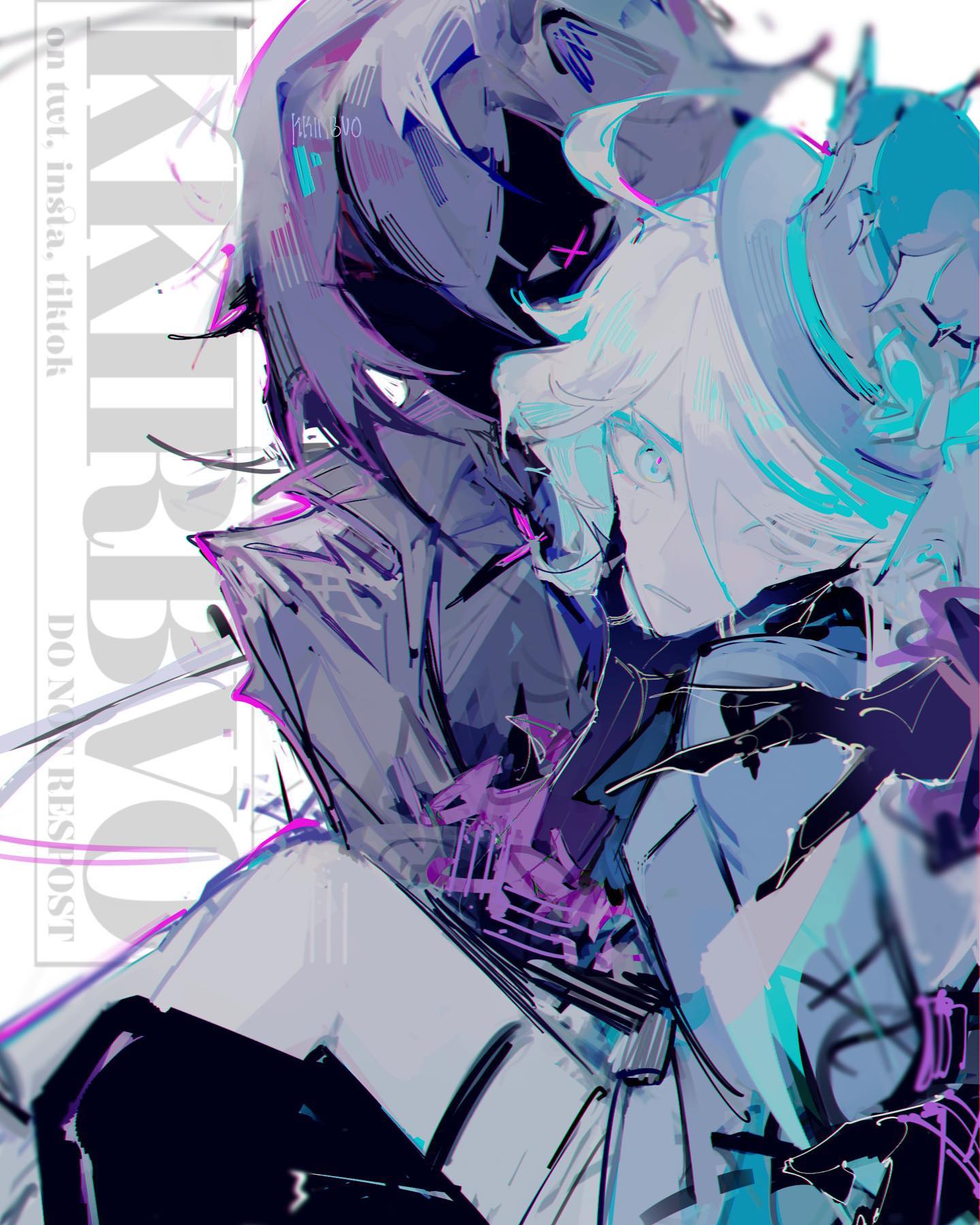 the image is a vibrant and dynamic digital painting or illustration in an anime/manga style. it depicts a closeup of two characters intimately entwined. the style is abstract and expressive, employing bold brushstrokes, contrasting colors (primarily purples, blues, and whites), and a sense of movement and energy. the characters' features are partially obscured, adding to the mysterious and intimate atmosphere.  the overall aesthetic blends elements of cyberpunk and fashion, with striking clothing and hairstyles.  text on the left side suggests the artwork is related to "kiryu", "ruby", and the phrase "don't resist" suggesting a narrative or thematic element.  the overall impression is one of intense emotion and perhaps a romantic or suspenseful scene.