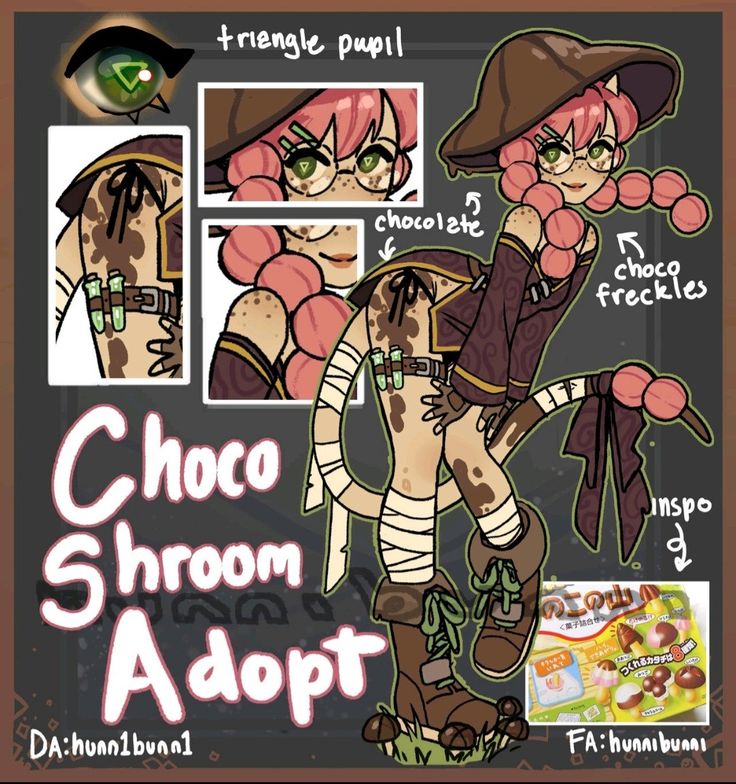 this is a digital illustration of a furry character. the character has tan fur and wears brown boots, a brown belt with a pouch, and a brown bandana tied around their waist. they have light brown, chocolatecolored freckles, light pink hair, and a small, widebrimmed brown hat.  they also wear glasses with chocolatecolored frames. in the background there is a box of chocolate mushroom candies and text that says, "choco shroom adopt" and "da:hunn1bunn1".