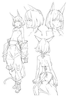it's a black and white sketch page of a female character with demon horns and a tail. she has short hair and is wearing a bikini top, shorts, and a jacket. the different sketches show her from the front, side, and back.