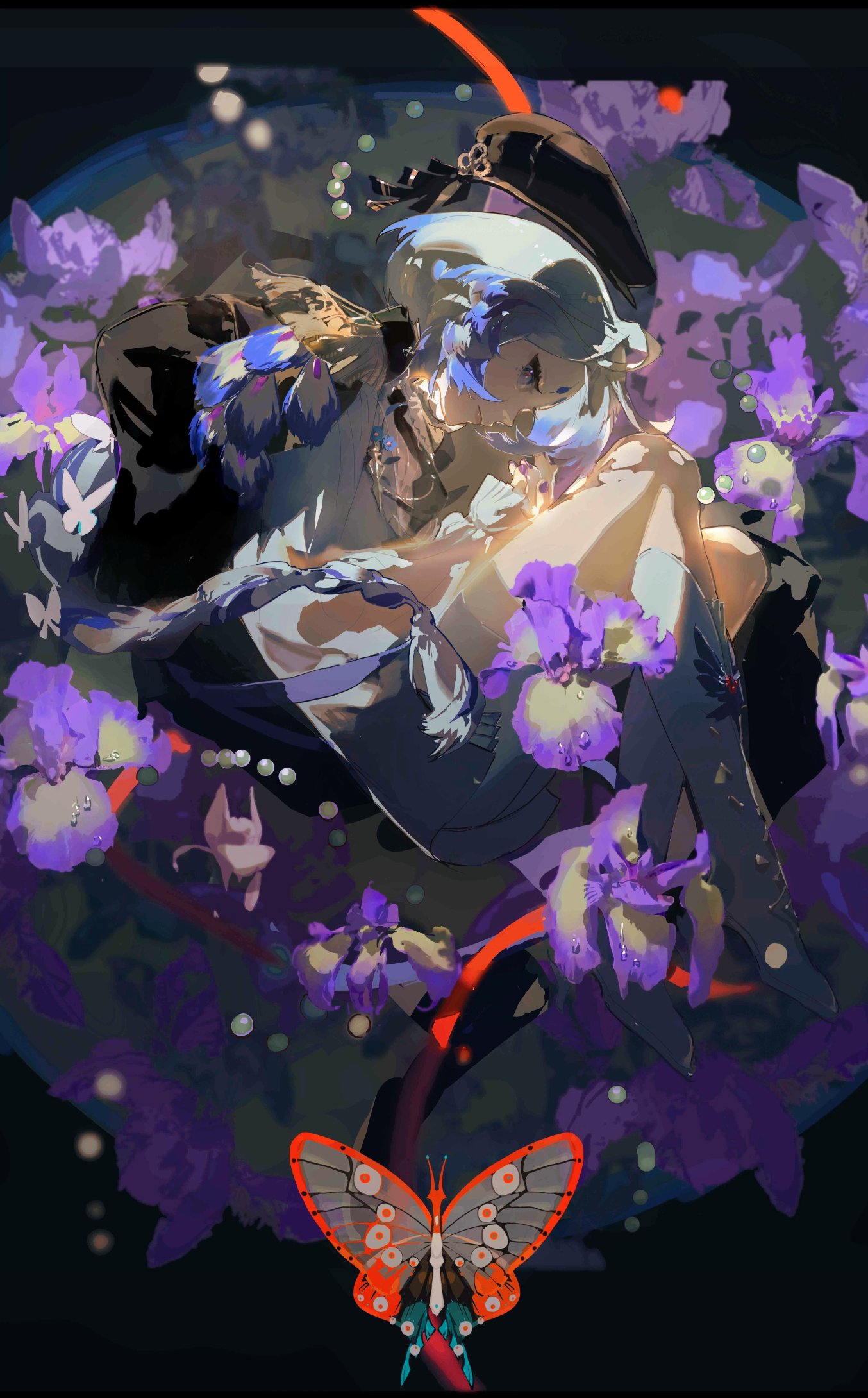 a digital art illustration of an anime girl with long blue hair, wearing a black hat and a white dress, surrounded by purple flowers and a red butterfly. the background is dark and abstract, with a sense of fantasy and dream. the image is visually appealing and evokes a sense of magic and wonder.