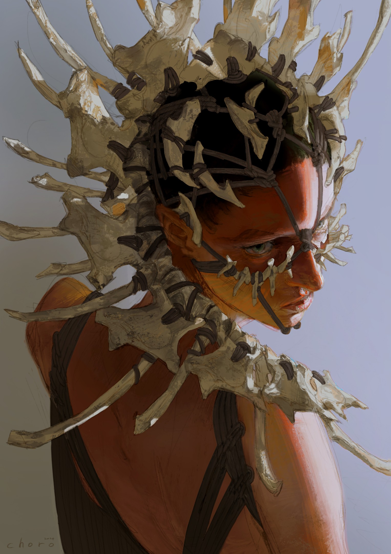 a striking portrait of a woman adorned with an intricate headdress and shoulder piece crafted from bones. her gaze is intense and captivating, hinting at a story of strength and resilience. the artist's skillful use of light and shadow creates a sense of depth and texture, while the limited color palette enhances the raw and primal feel of the image.