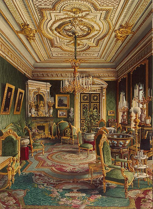 the image depicts an opulent and ornate room interior. the walls are a deep green, adorned with gold trim and framed paintings. the ceiling is highly decorated with intricate gold patterns and a large chandelier hangs centrally. the room is filled with classical furniture, including green and gold chairs, a fireplace with a mirror above, and several tables adorned with decorative objects and candles. a large decorative carpet covers the floor, adding to the room's luxurious and elegant atmosphere. there are also plants in pots, busts, and other ornaments throughout the room, adding to the overall richness and detail.