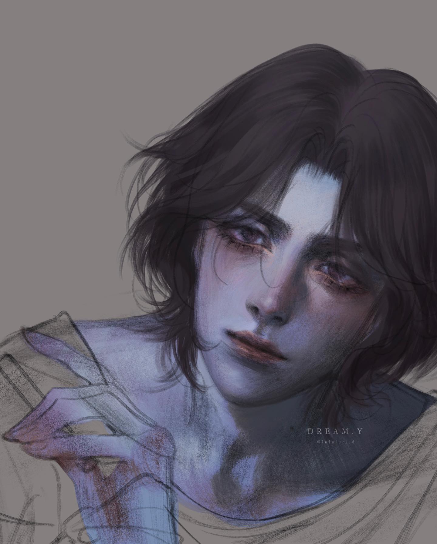 a digital art illustration of a young anime boy with dark hair. he has a sad expression and his eyes are downcast. the background is a faded gray color. the artwork is in a dreamy style.