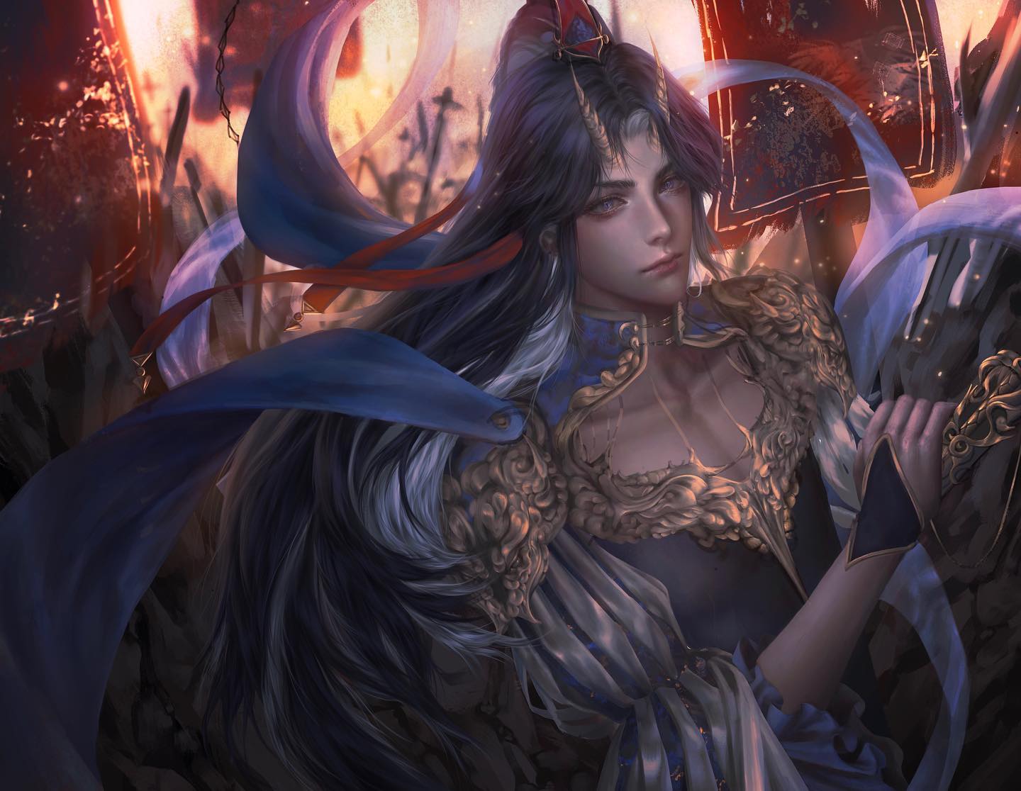 the image showcases a striking male figure, possibly a warrior or a mythical being, amidst a fiery battlefield. he has long, flowing black hair streaked with white, piercing gaze, and prominent horns, hinting at a supernatural origin. his attire is a captivating blend of dark fabric and ornate golden armor, reflecting the chaos and grandeur of his surroundings. the background is awash in warm, fiery hues, suggesting a raging battle or a scene of destruction.