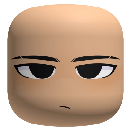 a digitally created image showing a 3d, blank male roblox face on a black background. the face features prominent eyebrows, eyes with a white rim, and a curved line for a mouth, suggesting a neutral or slightly displeased expression. the head is smooth and has a fleshtoned skin. the face lacks a nose and ears.