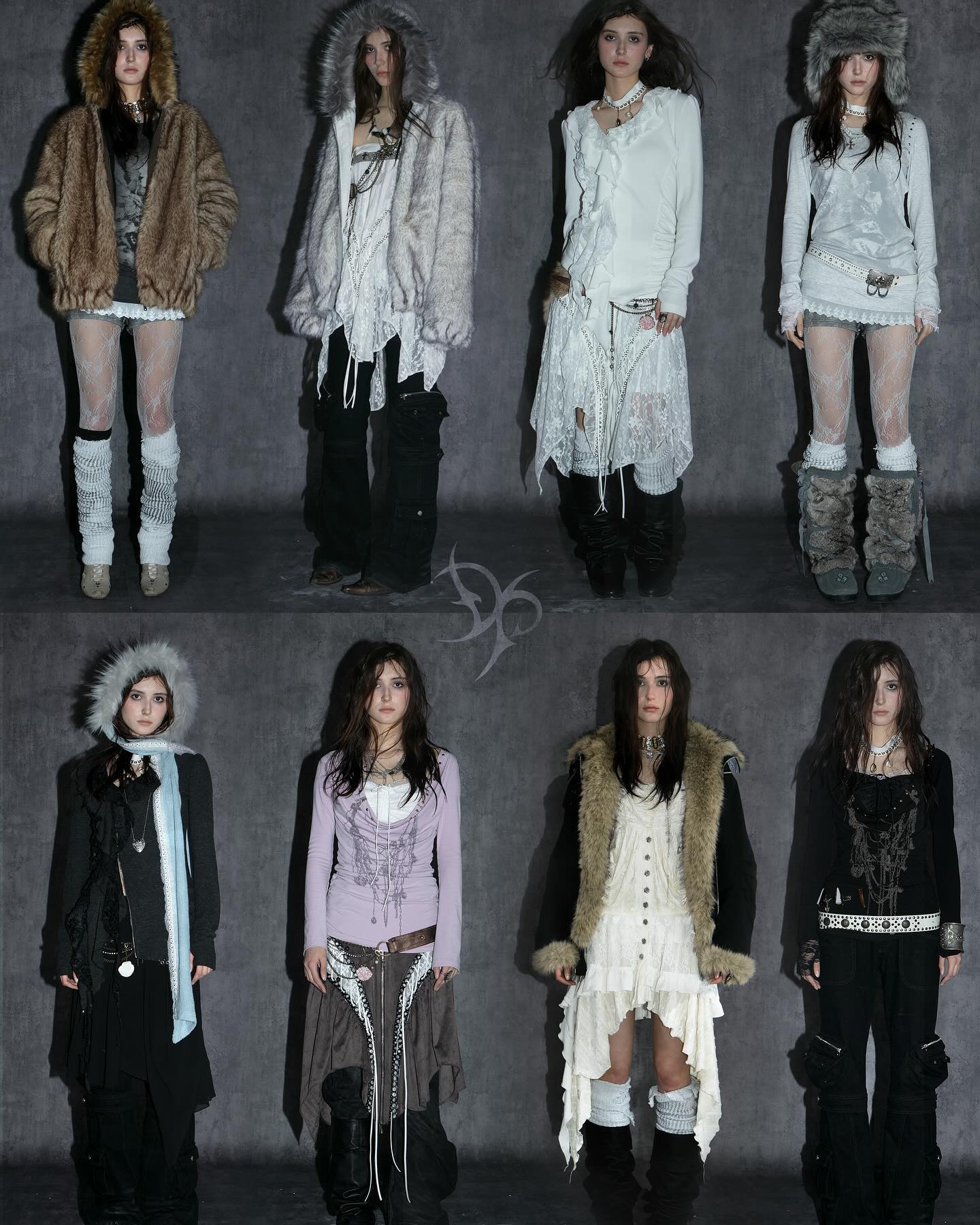 the image shows eight female models posing in various winterthemed outfits against a grey backdrop.  each model showcases a distinct style, blending elements of grunge, gothic, and potentially japanese fashion influences (like lolita or visual kei).  the clothing features a variety of textures and styles, including furtrimmed coats and jackets, dresses, long skirts, and boots.  the overall aesthetic is dark, moody, and fashionforward. the photo appears to be a professional photoshoot, possibly showcasing a clothing line or collection.