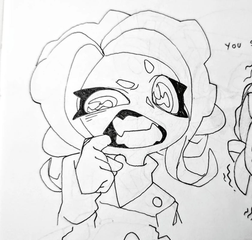 this is a black and white ink drawing of a cartoon girl with large eyes, short hair, and an open mouth. she is looking to the left of the image and is wearing a jacket. she appears to be shocked or surprised.