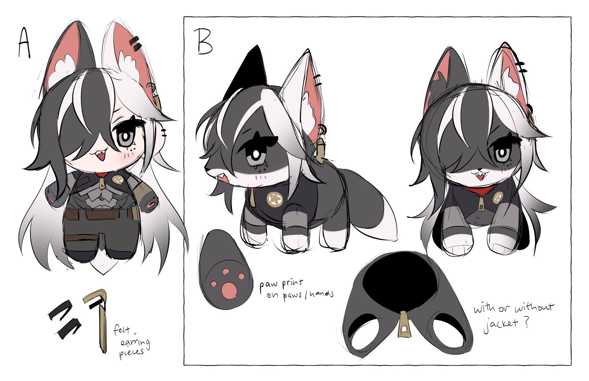 this image showcases a plush toy design for a wolf or fox character.  the image provides three views of the plush toy, showing the front, side, and a zoomed in detail of the paws.  it also includes a close up view of the plush toy's face and ears. the plush toy is mostly grey, but has white accents in it's hair and tail. the plush toy has a black jacket, and the design comes with the option of wearing the jacket or not. there is also the option of adding red paw prints to the paws or hands. the design is detailed with red eyes, and a felt earing.  the image is drawn in a cartoon style.
