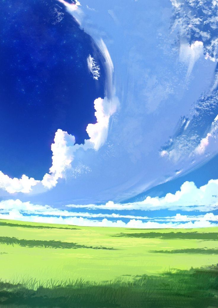 an anime style landscape featuring a green field under a bright blue sky with fluffy white clouds. the scene has a sense of openness and serenity.