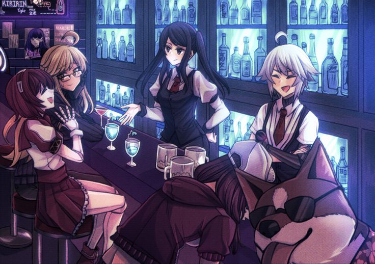 the image depicts a vibrant animestyle bar scene. several anime girls are seated at the bar, engaging in conversation, drinking, and laughing. one girl appears to be a bartender standing behind the bar. there are drinks and mugs on the bar surface. a dog wearing sunglasses is also present in the scene. shelves filled with bottles of alcohol line the back of the bar. one girl seems to be asleep.