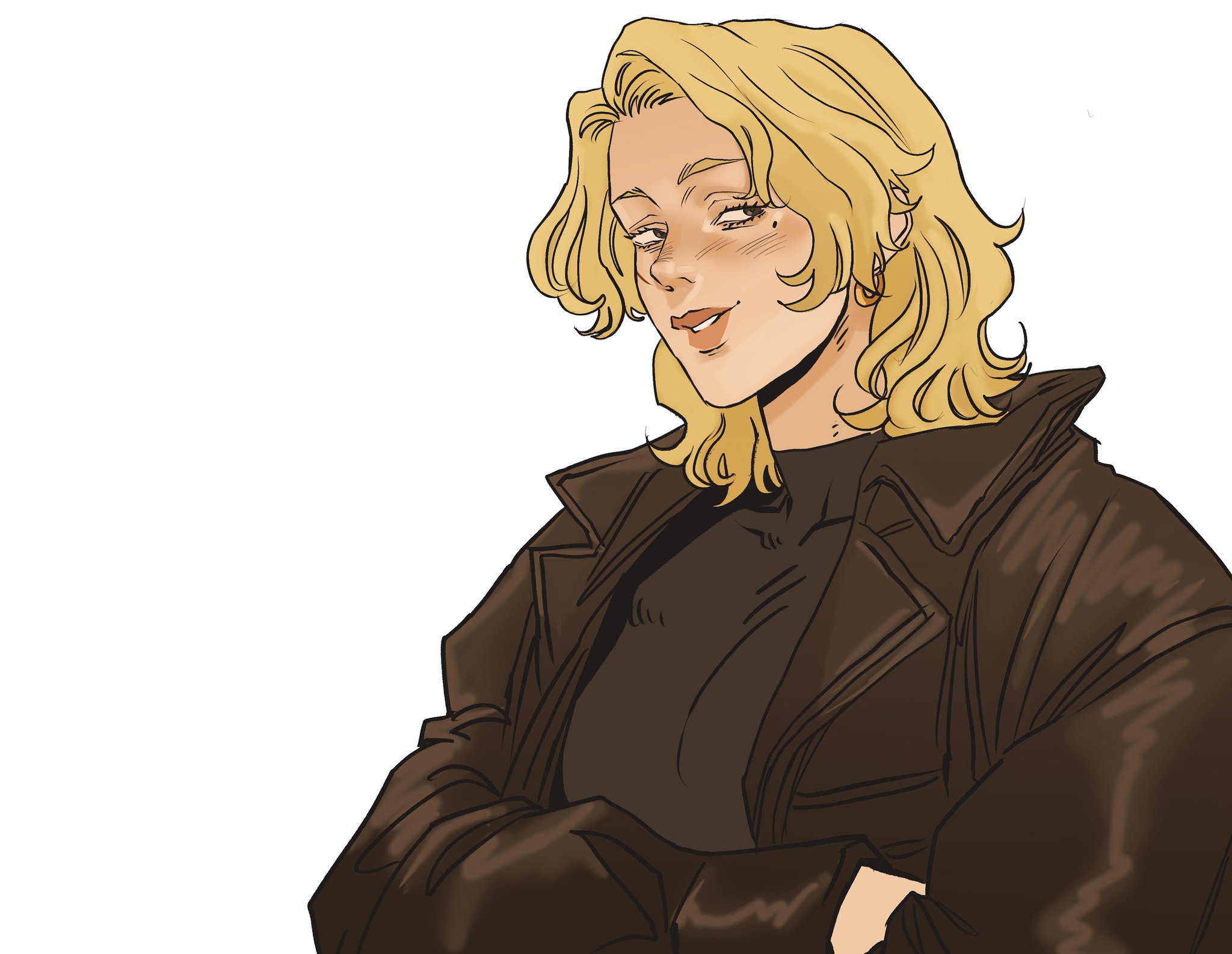 a cartoon illustration depicts a woman with blonde, wavy hair, wearing a brown jacket and with her arms crossed.