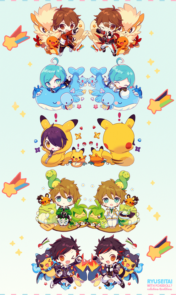 this is a cute anime illustration featuring chibi versions of characters from various games. there are  6 pairs of characters in the image, all mirrored. the characters are  chibi anime boys holding pokemon like pikachu, bulbasaur, squirtle, and charizard. each image is set against a light blue background with stars and rainbow streaks. there is a colorful signature at the bottom of the image that says "ryuseitai with pokedoll" followed by a web address.