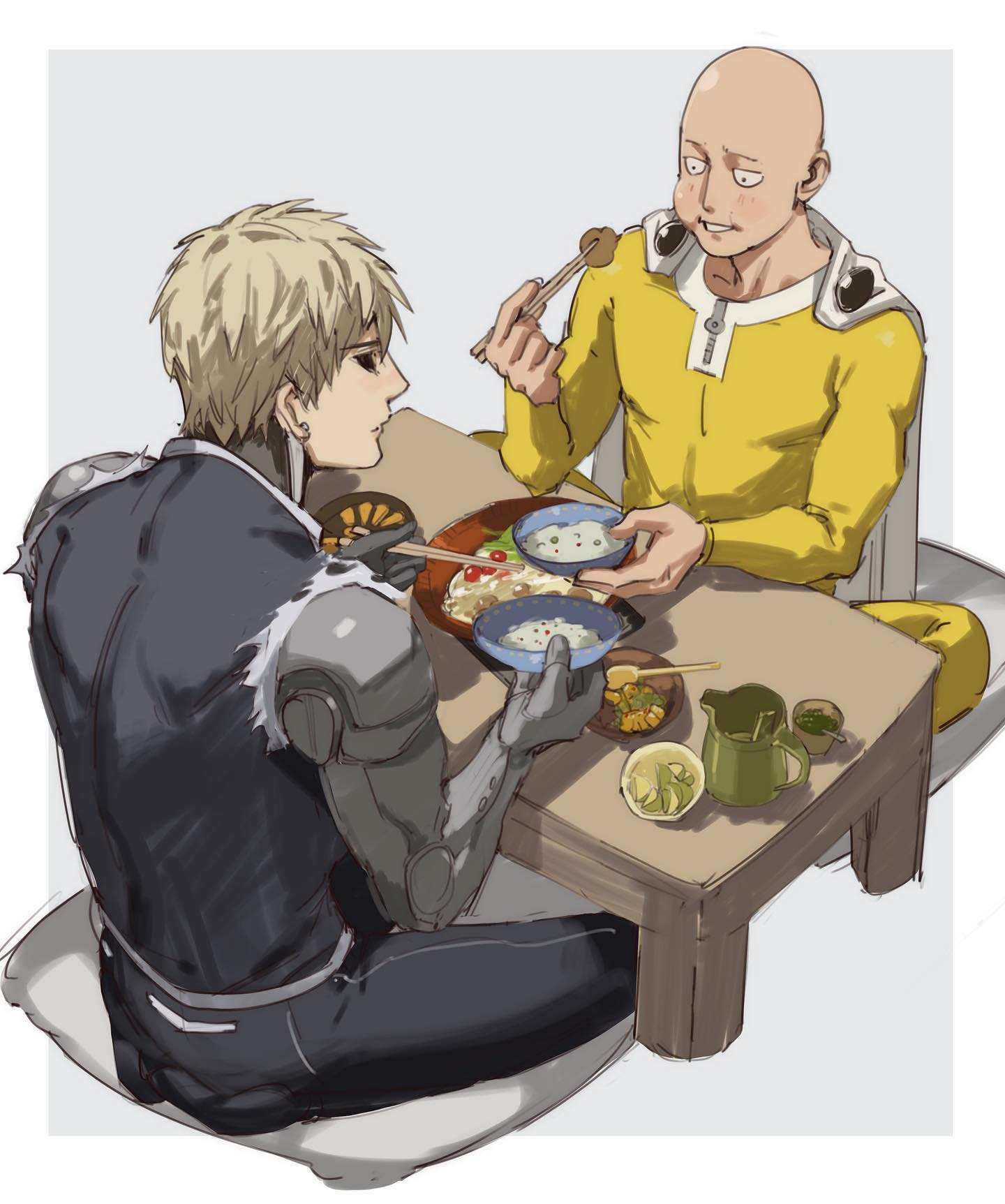 the image is a fan art drawing of saitama and genos from the popular anime/manga series "one punch man".  saitama is wearing his signature yellow jumpsuit and is sitting on a cushion while holding chopsticks and eating from a bowl. genos, his disciple, is wearing his black armor and is eating rice from a bowl with chopsticks. they are seated at a table with bowls of food, side dishes, and a teapot.  the scene depicts a casual moment of camaraderie between the two characters as they share a meal together. the image is rendered in a semirealistic style with some stylized elements.
