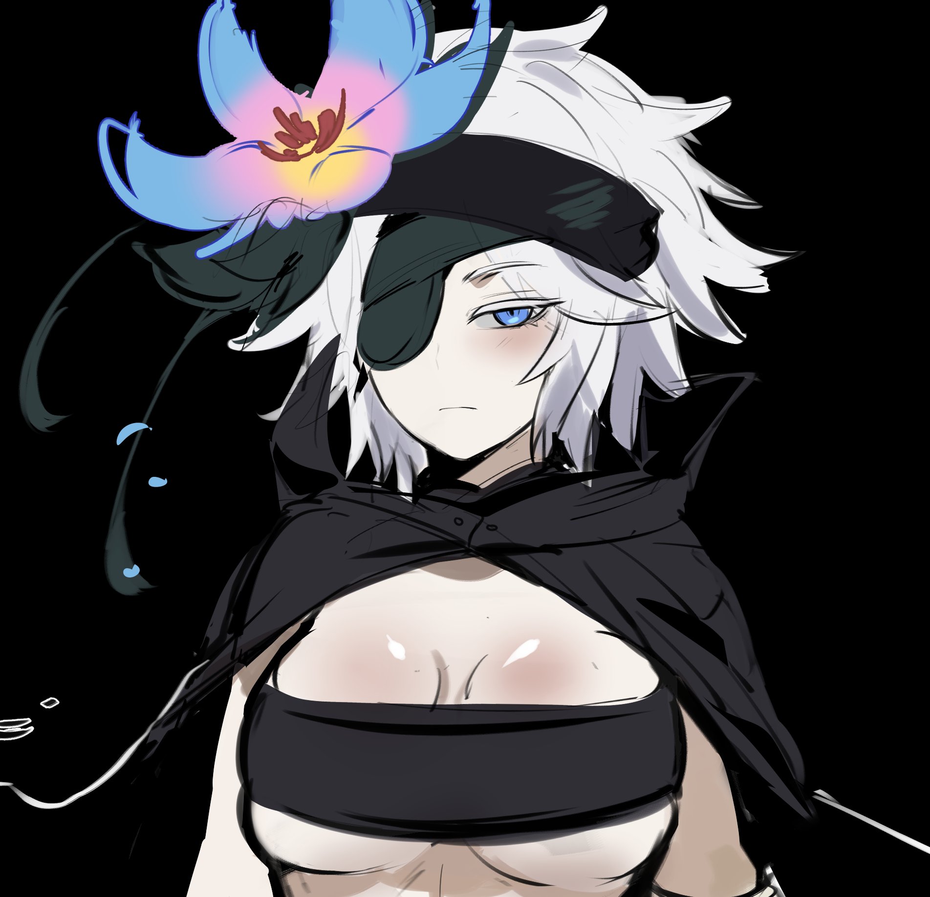 the image is of an anime girl with white hair and blue eyes. she is wearing a black outfit with a cape, a headband with a flower on it, and an eyepatch over her left eye. she is looking directly at the viewer with a slight smirk on her face.