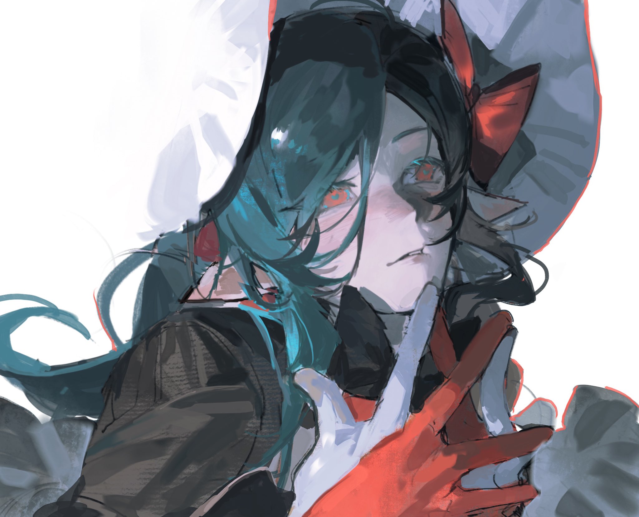 the image is a stylized digital painting or illustration of an animestyle girl. she has long, teal hair and is wearing a large hat with a red bow. she also sports red gloves. her expression is somewhat mysterious and her eyes are striking. the art style is loose and expressive, with a focus on capturing emotion and atmosphere rather than precise detail. the colors are muted and slightly desaturated, contributing to the overall mood. the background is mostly white, drawing attention to the subject. the image is a closeup portrait focusing on the girl's face and upper body.