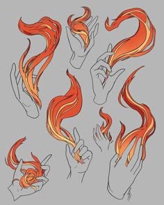 a digital illustration of multiple hands drawn in black outline. the hands are holding fire, or flame, which is depicted in shades of orange and red. the flames are drawn with line art style.