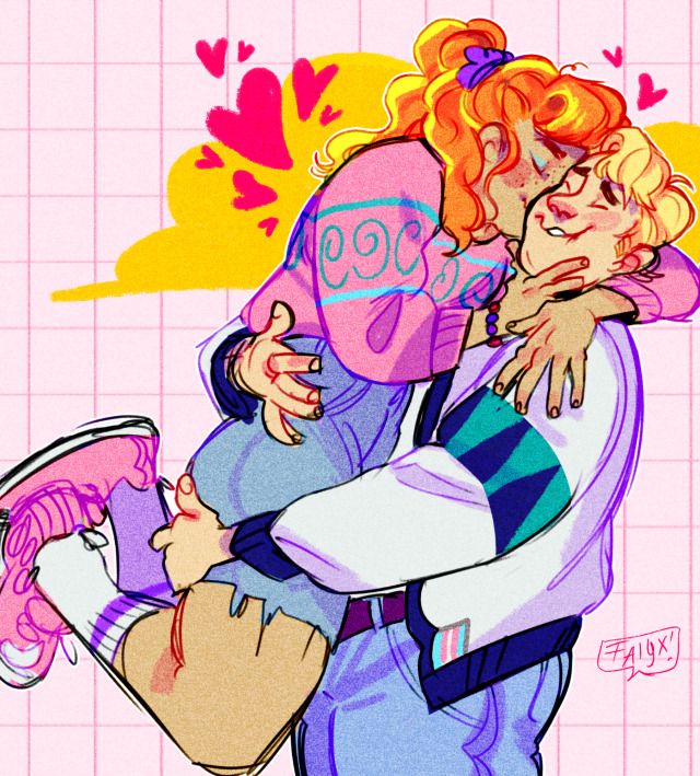 a cartoon drawing of a girl and a boy hugging. they are both dressed in 90s style clothing. the girl is wearing a pink sweater with blue and white patterns. the boy is wearing a white jacket with blue and green patterns. the background is a pink and white grid with hearts floating around. the image is drawn in a cartoon style with bright colors.