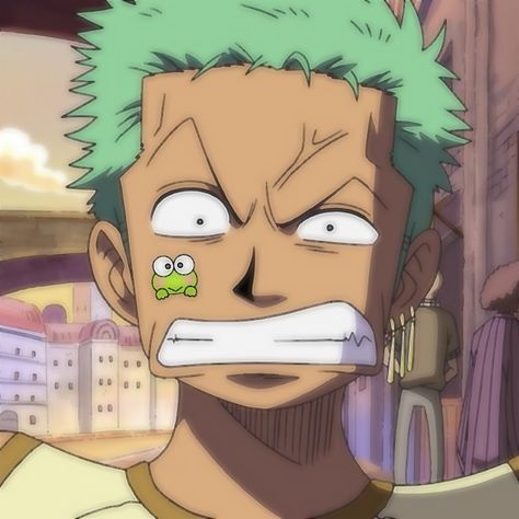 this is a closeup illustration of the popular one piece character, roronoa zoro. he appears upset or annoyed, featuring wide eyes with small pupils and a furrowed brow. his facial expression is exaggerated, typical of anime and manga style. zoro's signature green hair and the three swords on his hip are clearly visible, confirming his identity for fans of the series.