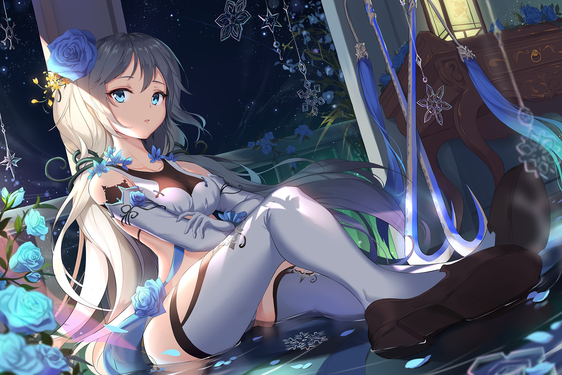 the image shows an anime girl sitting against a backdrop of a night sky and decorations. she has gray and white long hair, blue eyes, and is adorned with blue roses in her hair and on her outfit. the character is wearing a white outfit with black trim and thighhigh socks. in the background, there is a desk, lanterns, and various starshaped decorations.