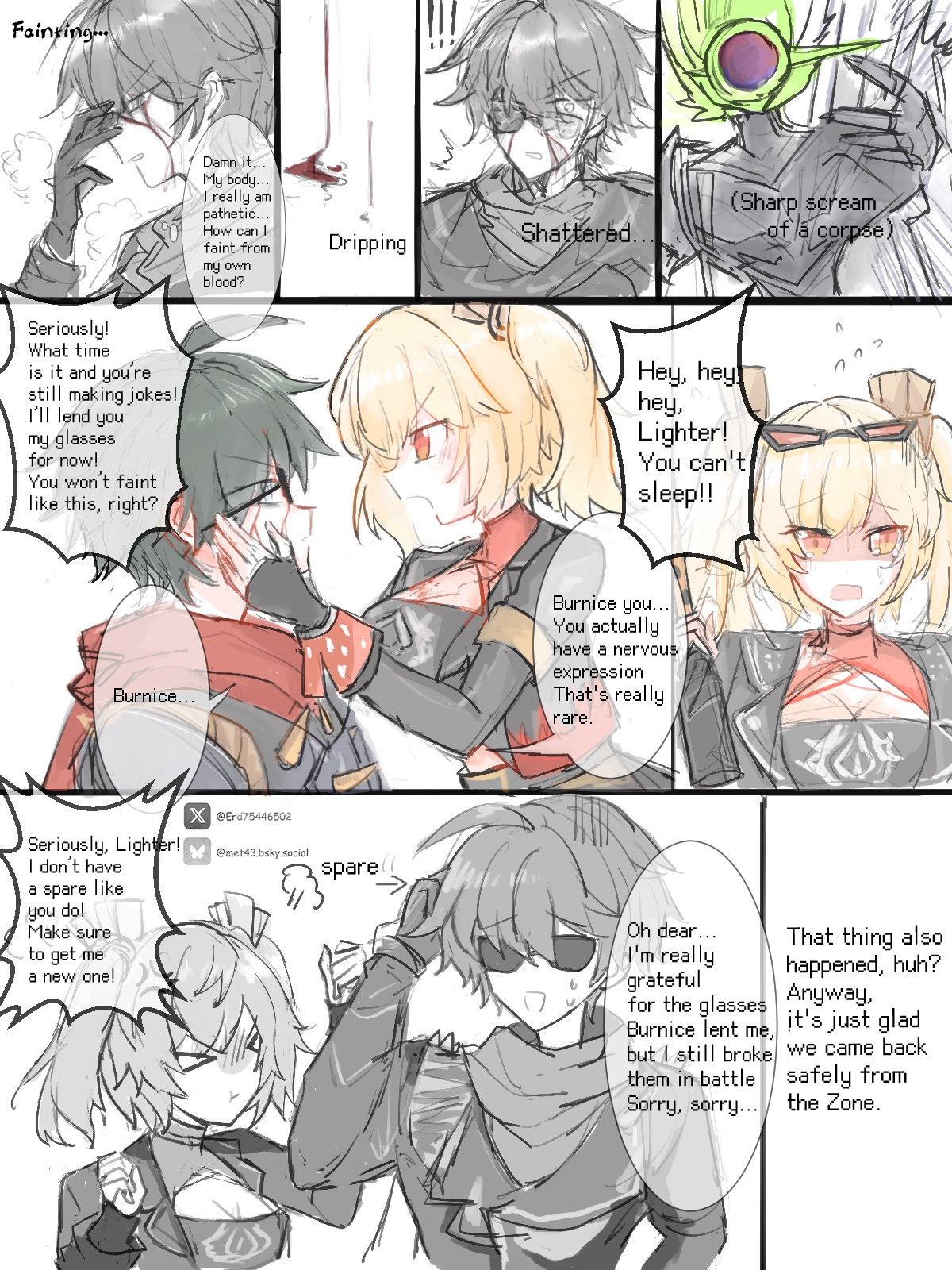 he image is a multipanel comic featuring characters from the game honkai impact 3rd. the comic depicts a scene where the character "lighter" faints from blood loss, and "burnice" shows concern, lending lighter her glasses.  there's a humorous contrast between the serious situation and the lighthearted interactions.  the story unfolds through dialogue boxes and facial expressions, showcasing the characters' emotions and reactions.  the art style is consistent with anime and manga aesthetics. the final panel shows that both characters safely returned from a battle in the "zone".