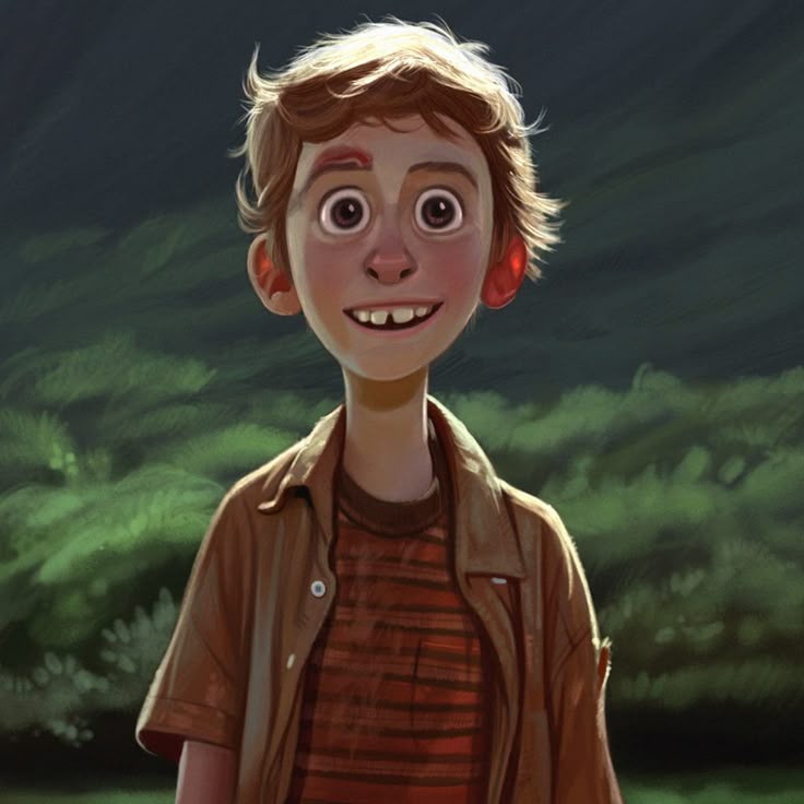 a cartoon illustration of a young boy with auburn hair, smiling with a gap between his front teeth. he's wearing a buttondown shirt over a striped shirt. the background appears to be an outdoor setting with greenery.